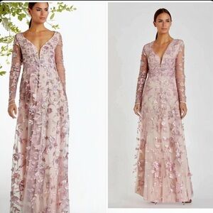 NEW $398 MAC DUGGAL  PINK FLORAL APPLIQUE LONG SLEEVE ILLUSION GOWN